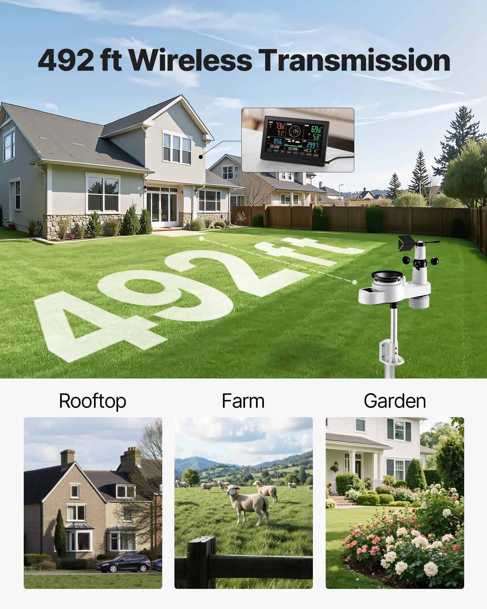 5-in-1 Wireless Weather Station 7.5 in Display Indoor Outdoor Thermometer Sensor