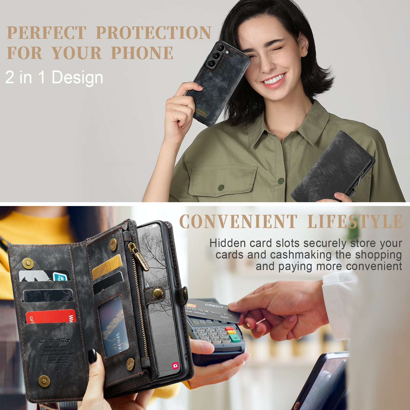 Allytech Magnetic Detachable Wallet Case for Samsung Galaxy A16 5G with Card Slots & Zipper Pocket, Support Wireless Charging, PU Leather Wrist Strap Shockproof Full Protection Flip Case, Black