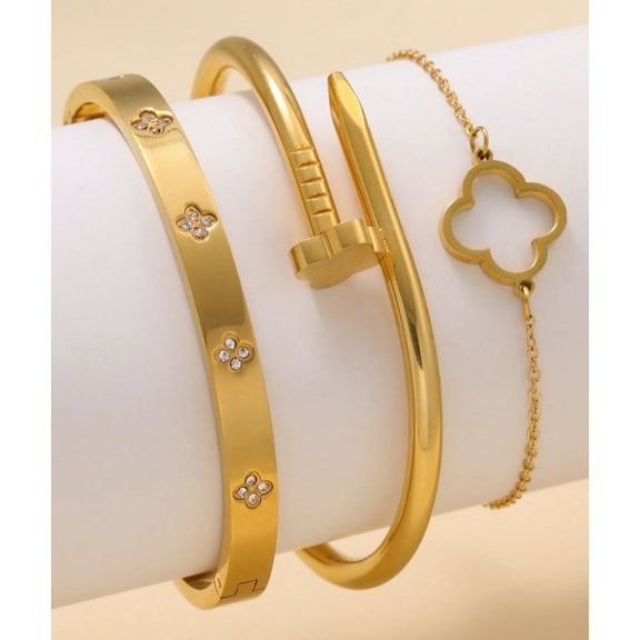 3-Piece Gold Bracelet Set for Women, Stackable Four-Leaf Clover Lucky Bracelets, Stainless Steel with Zirconia, Hypoallergenic Gift for women