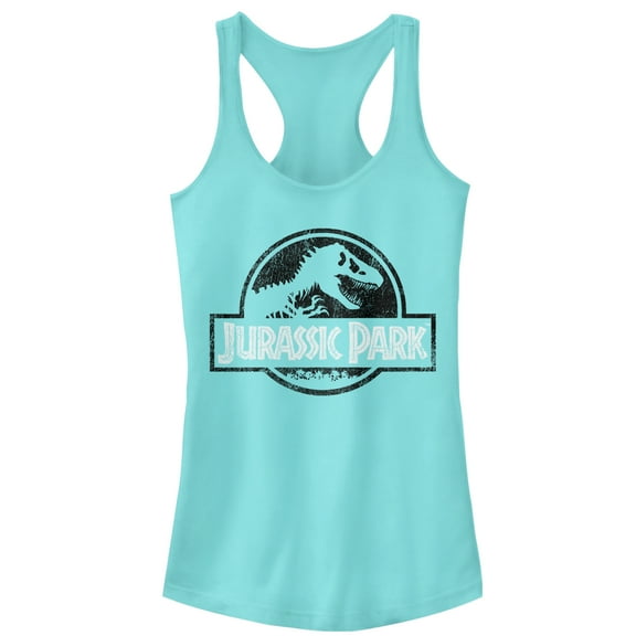 Junior's Jurassic Park Vintage Black and White Logo  Racerback Tank Top Cancun Large