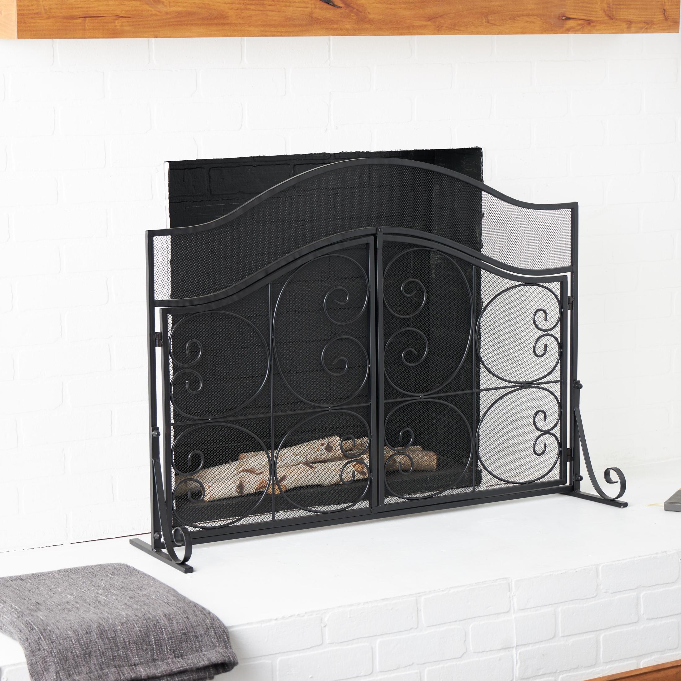 DecMode 41" x 30" Black Metal Arched 1 Panel 2 Door Scroll Fireplace Screen with Mesh Backing, 1-Piece