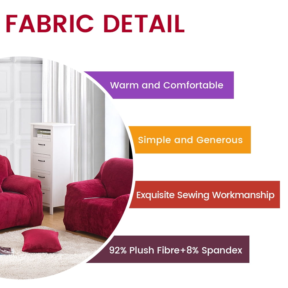 CJC Plush Sofa Covers Stretch Solid Thick Slipcover for 1-Seater Velvet Easy Fit Non-Slip Furniture, Wine Red