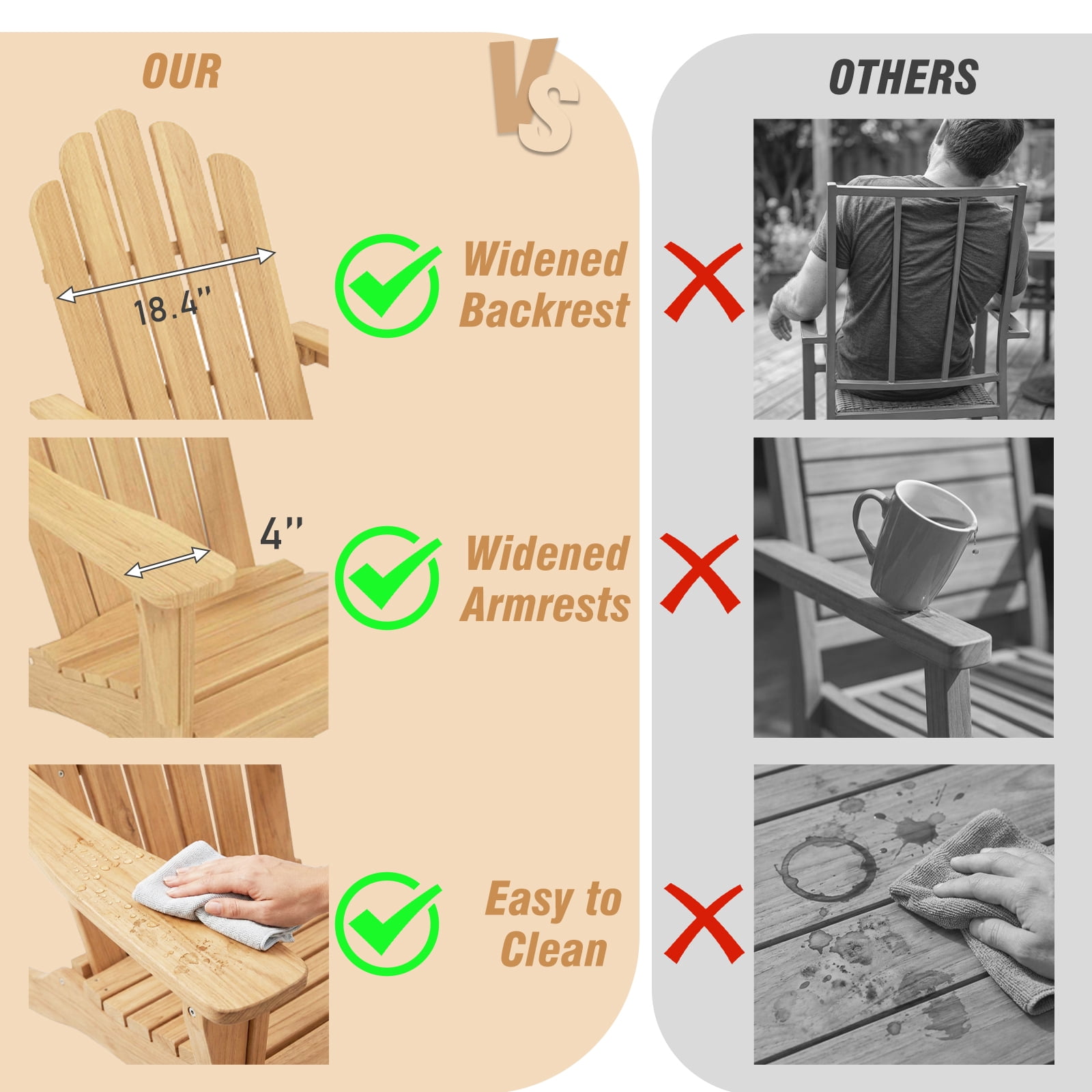Outdoor Wooden Adirondack Chair with Footrest, Teak Leisure Line Adirondack Chair All Weather Fire Pit Chair Suitable for Patio Lawn Gardens Terraces Poolside