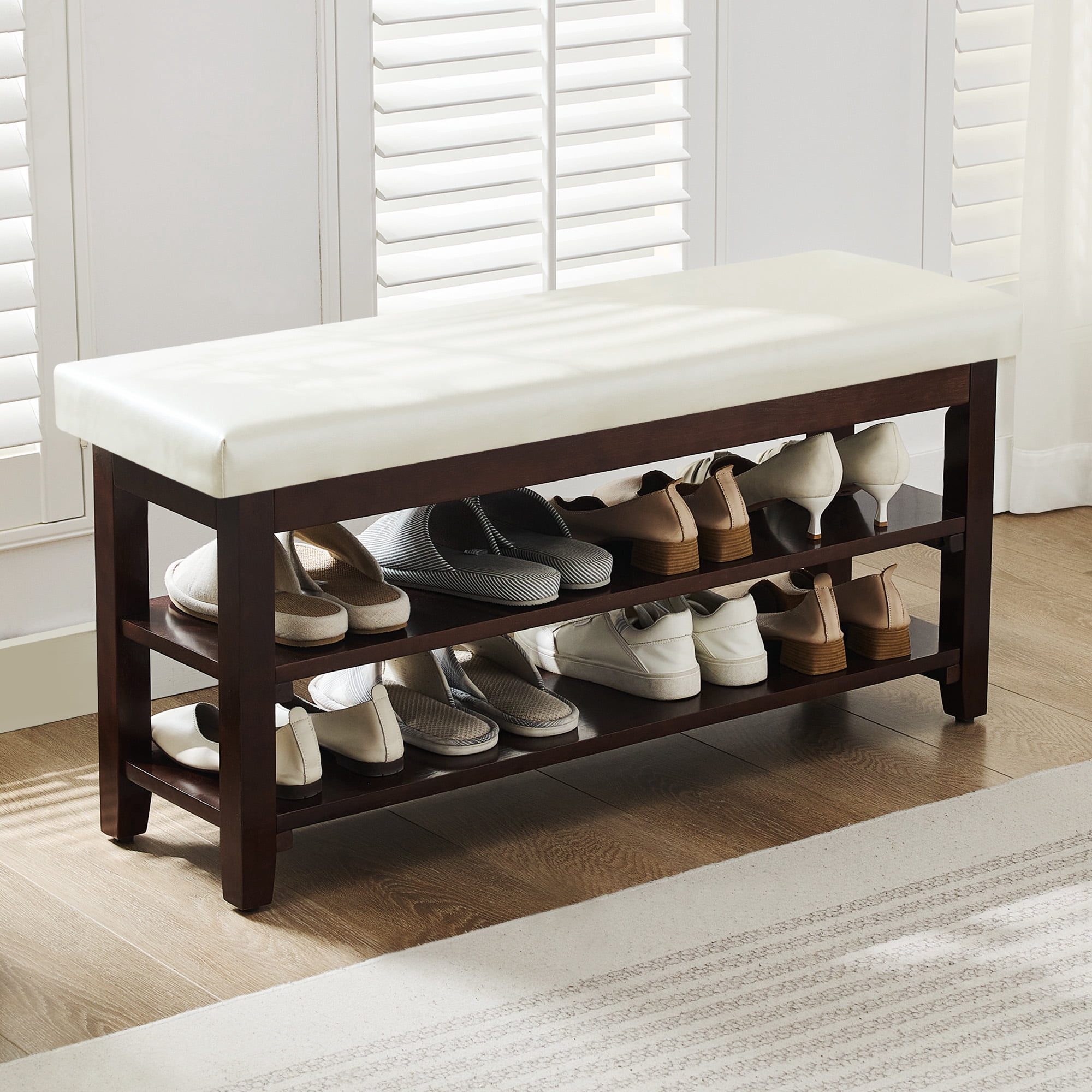 40" Shoe Bench with Leather Cushion, 2-Tier Shoe Rack Entryway Bench, Wood Bench for Front Door Entrance, Mudroom, Hallway, Wooden Shoe Shelves, Shoe Organizer, Shoe Storage, White