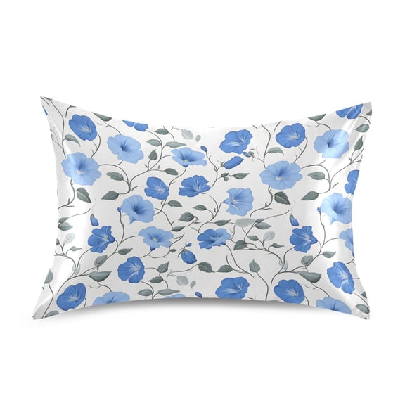 Blue Flower Pattern Pillowcase Standard Size 20''x26'' Satin Double-Sided Print Soft Wrinkle Resistant