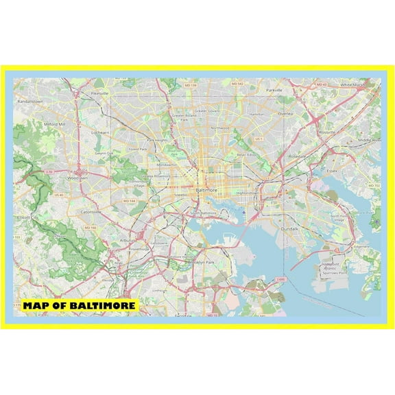Map of Baltimore 18x24 with Neighborhoods, Streets, Roads, Highways and Parks - Laminated Wall Map Poster Print - Vivid Imagery with Bright Colors