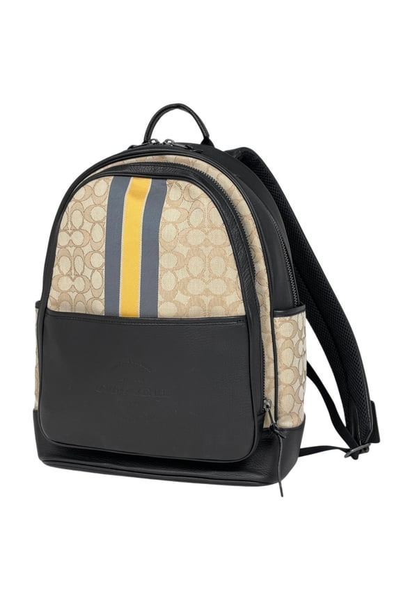 Pre-Owned Coach Signature Backpack with Logo, Leather, Black and Beige, C9365, Women's