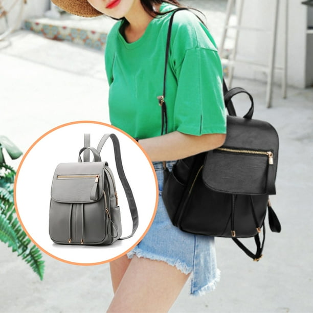 Women PU Backpack Large Capacity Travel Organizer School Solid Color Causal Adjustable Handbag Rucksack Tote Shoulder Bag Light Grey