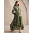 thumbnail image 4 of High-Neck Long Sleeve Pleated Ruffle Hem Maxi Dress In Olive Green, 4 of 26