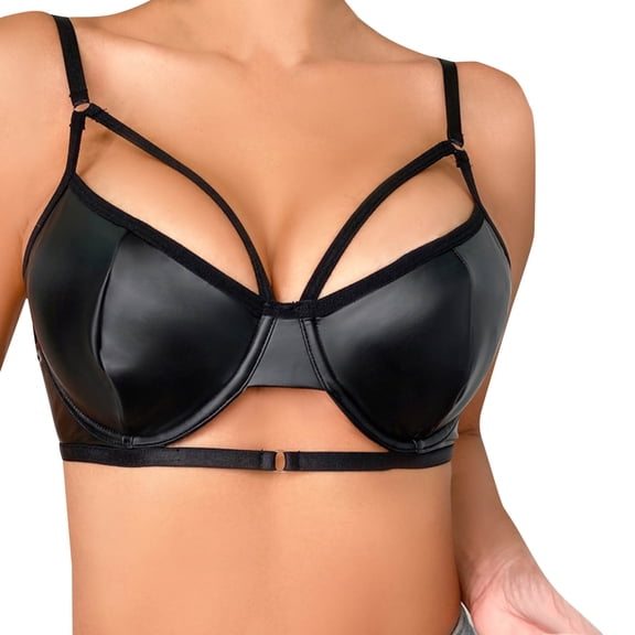 Womens Underwear Breathable Comfortable Panties PU Leather Buckle Strappy Cut Out Bra Underwire Push Up Bralette Blend Underwear for Women