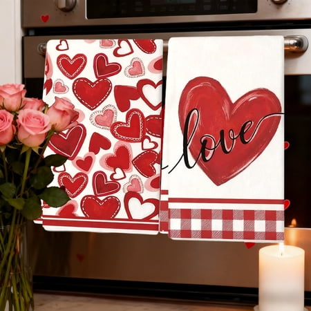 Anhility 2Pcs Valentine s Day Kitchen Towel Love Hearts Dish Towels 23.6x15.8in Super Soft Quick Dry Tea Towel for Wedding Anniversary Cooking Baking