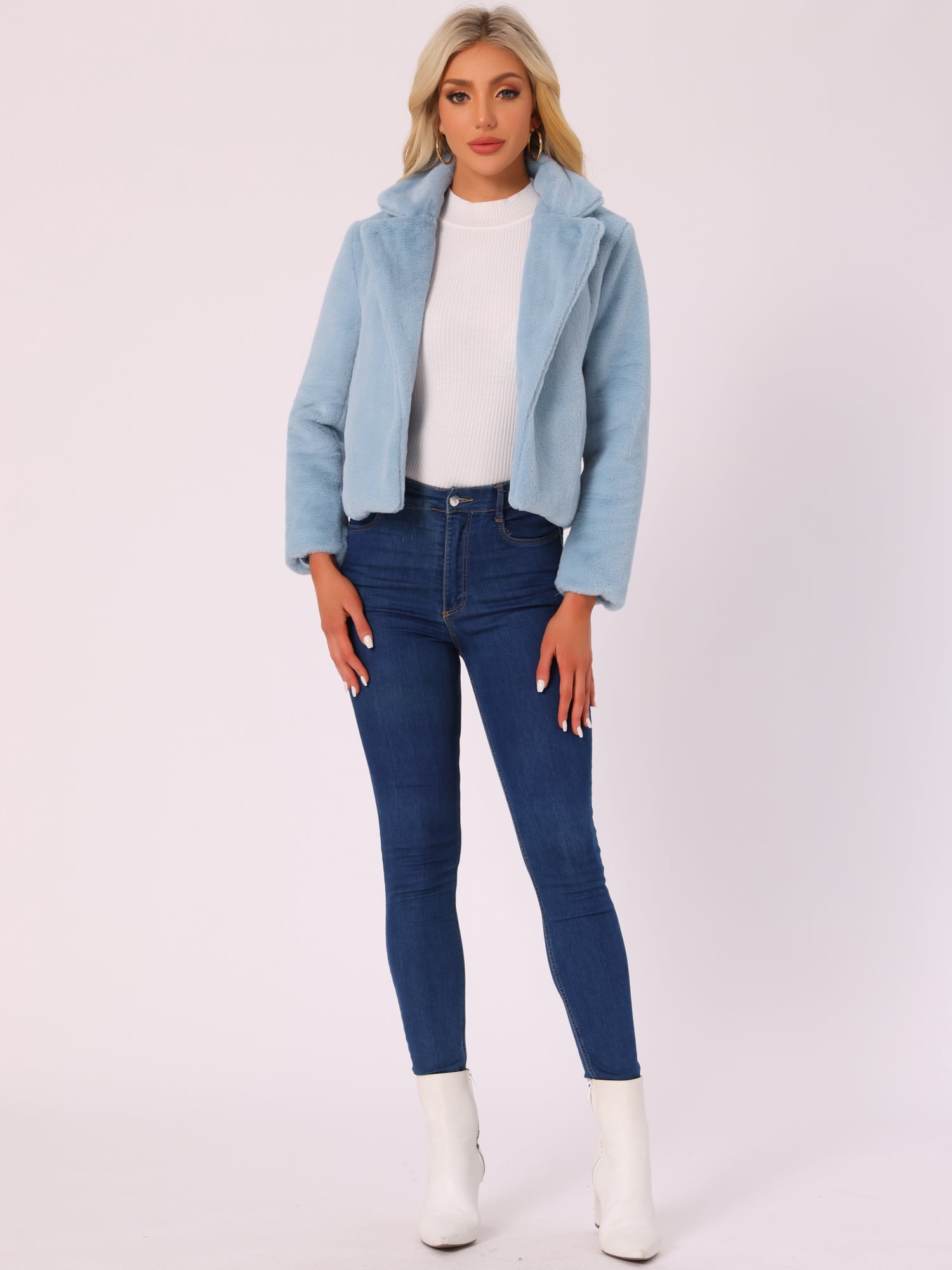 DARING DIVA Women's Cropped Notch Lapel Faux Fur Fluffy Coat XL Light Blue