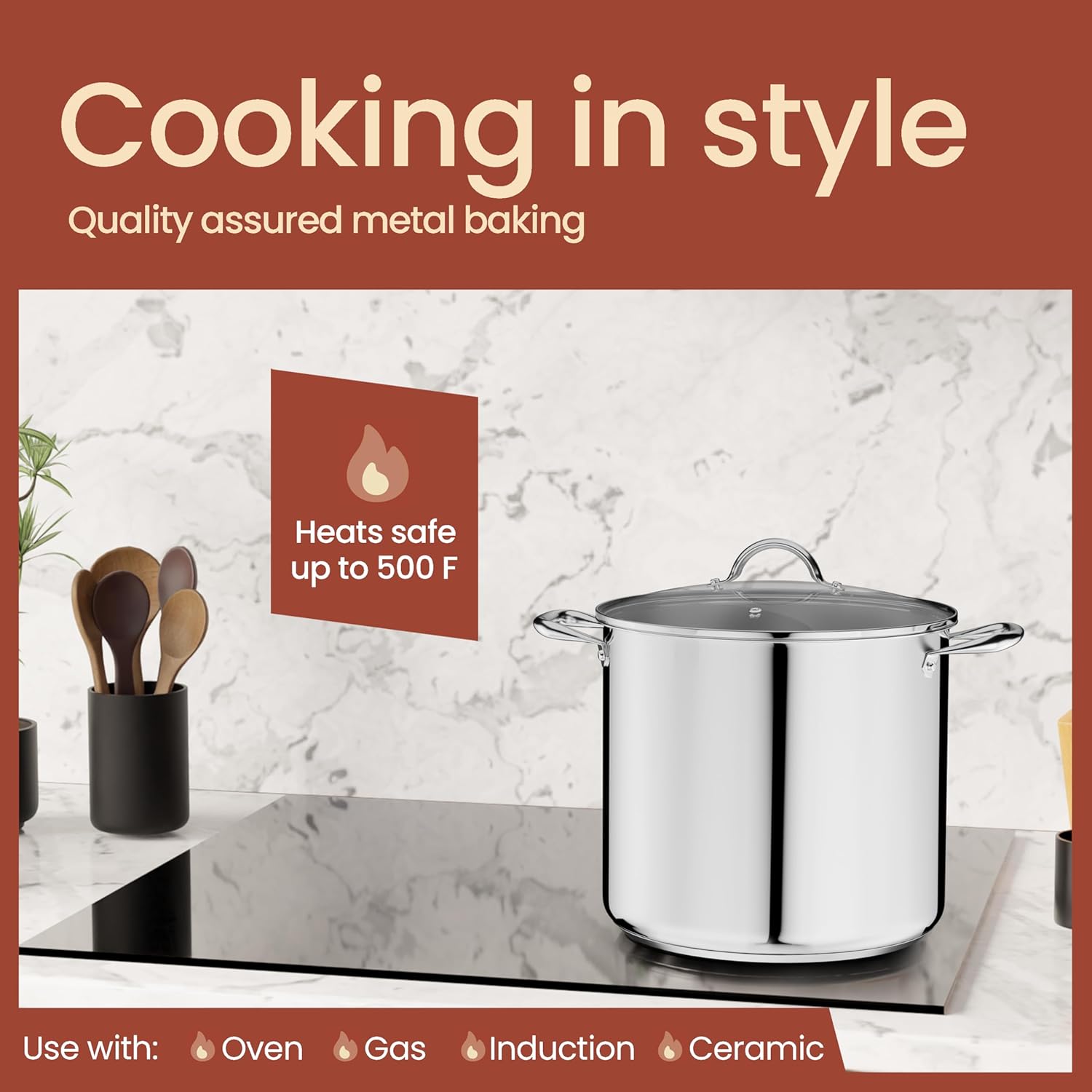 Bakken- Swiss 20-Quart Stainless Steel Stockpot with Glass Lid –Heavy-Duty, Induction Compatible, Easy Cleaning & Dishwasher Safe