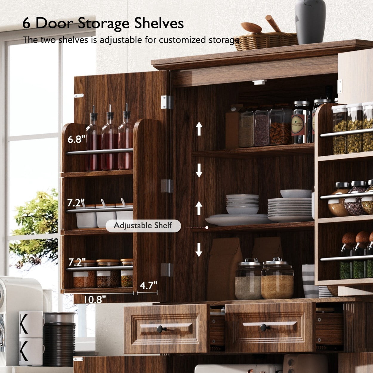 71" Tall Kitchen Pantry Cabinet, Farmhouse Storage Cabinet with 4 Doors, 2 Drawers, 3 Pull Out Organizers, 6 Door Shelves, Adjustable Shelves, Freestanding Cupboard for Kitchen, Brown