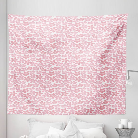 Cherry Blossom Tapestry, Unevenly Aligned 5 Petal Sakura Flowers with White Stamens, Fabric Wall Hanging Decor for Bedroom Living Room Dorm, 5 Sizes, Pale Pink Ruby and White, by Ambesonne