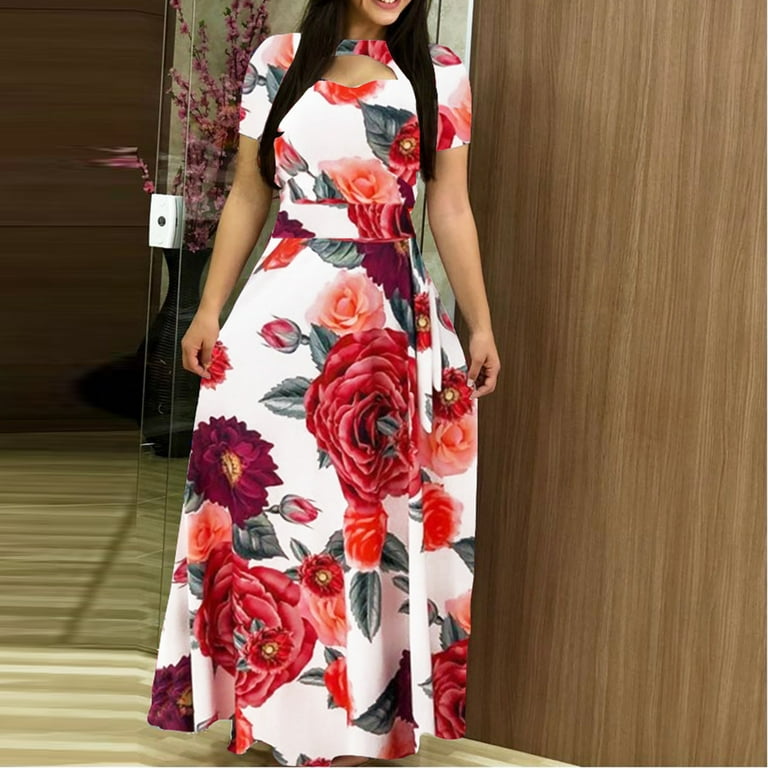White Dress Women Fashion Comfy Hollow Out Printing Short Sleeve