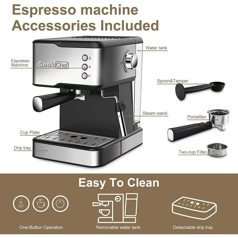 Geek Chef Espresso Coffee Machine 2 Shot Pump, 20 Bar Coffee Machine  Cappuccino Maker, Silver 