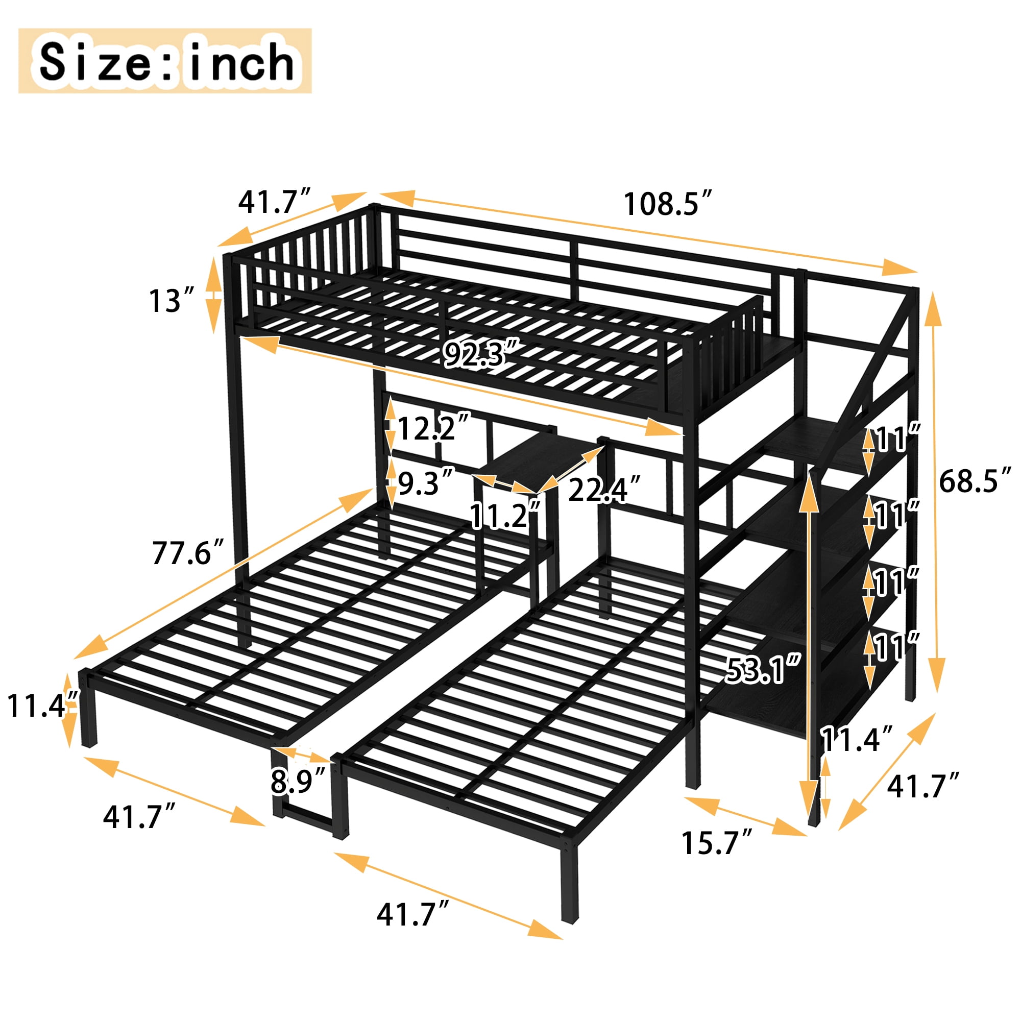 Twin over Twin & Twin Bunk Beds for 3,Twin XL over Twin & Twin Bunk Bed with Desk & Shelves, Metal Triple Bunk Bed for Living Room,Black