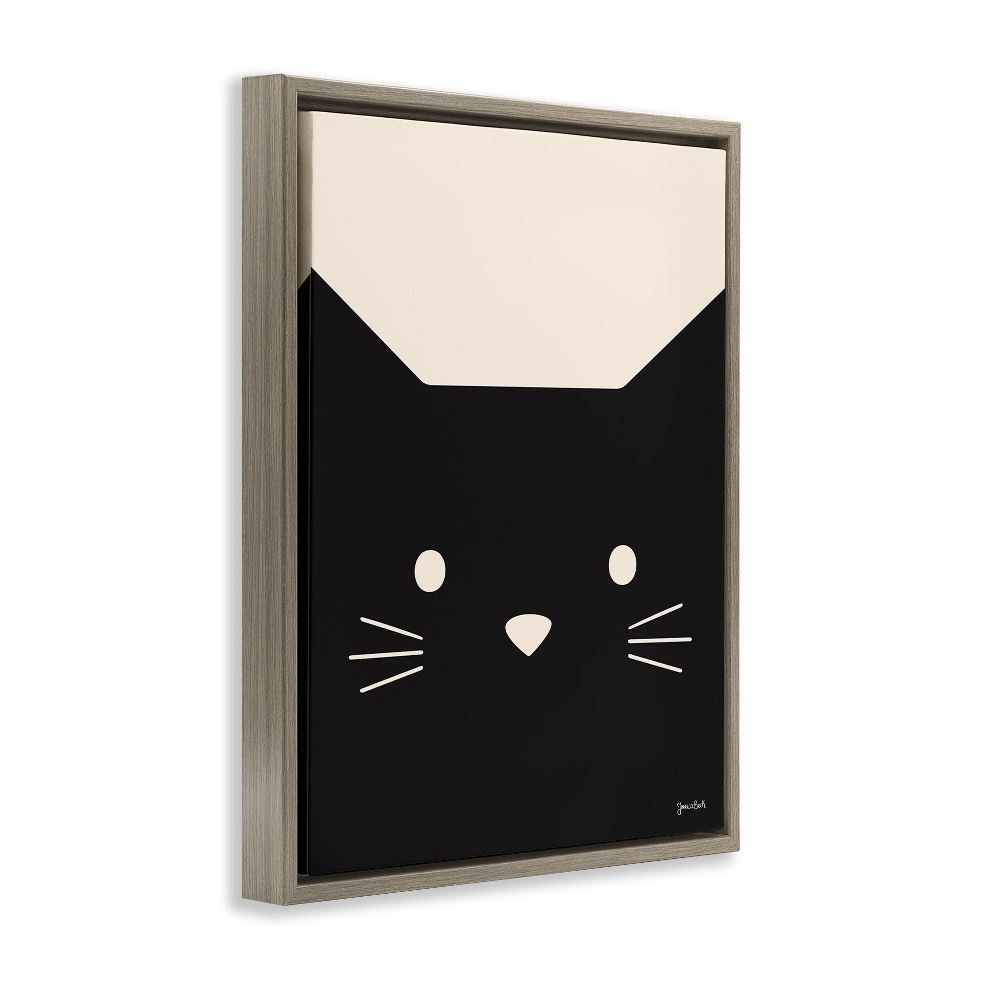 Stupell Industries Black Cat Close Up Animals Painting Brown Floater Framed Canvas Art Print Wall Art, 25 x 31