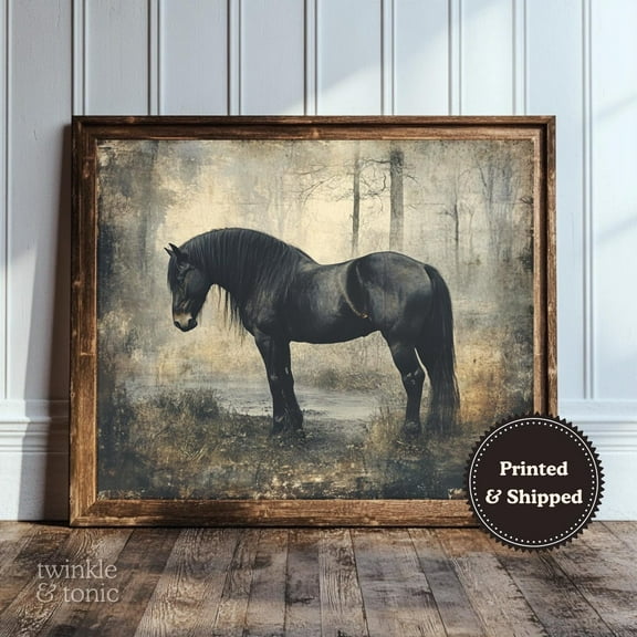 Vintage Black Horse Art Print Moody Cottagecore Wall Dã©Cor Rustic Farmhouse Equine Poster For Stable Or Home UNFRAMED Poster, Wall Art for Decor, Present, 8x12