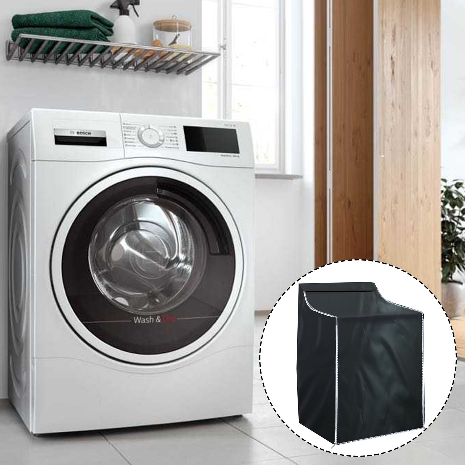 OhhGo Washing Machine Cover, Waterproof Machine Protection Cover, Black Coated Dustproof Fabric Washer Dryer Fit for Front Load Washer Dryer, All Weather Protection