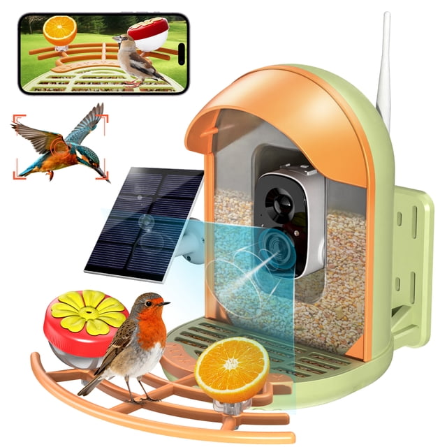Smart Bird Feeder with 2K Camera, Solar Powered Wireless Birds House with APP Control, Night Vision, Motion Detection Alerts, IP65 Outdoor Birdfeeder for Backyard Garden Bird Watching
