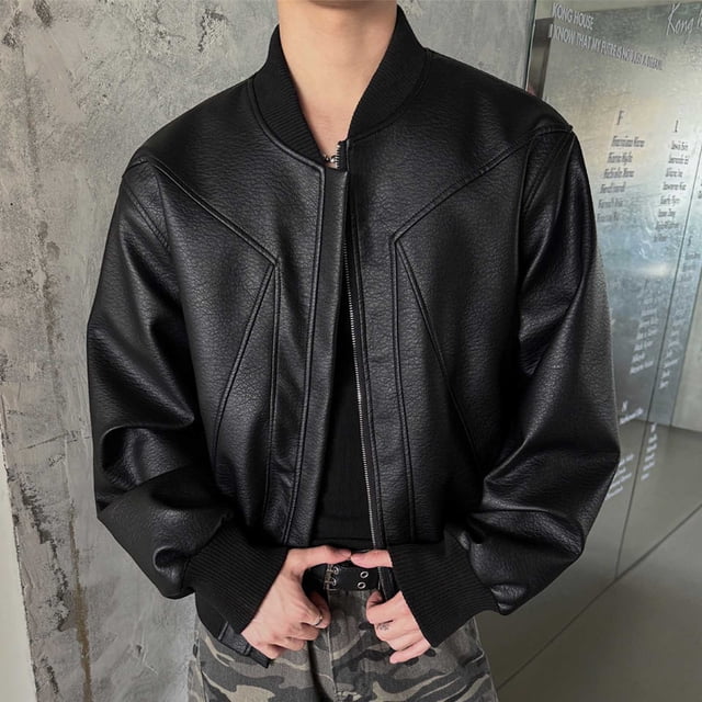 Handshe Men's Casual Leather Jacket, Colorblock Bomber with Hood, Biker Style Coat for Motorcycle Riding and Daily Wear
