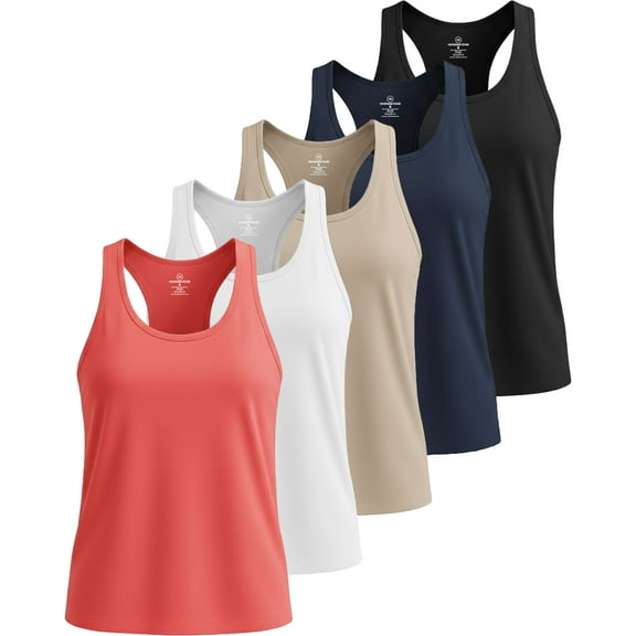 Real Essentials 5 Pack: Women's Dry Fit Tank Top - Racerback Sleeveless Workout Athletic Gym Shirt (Available in Plus)