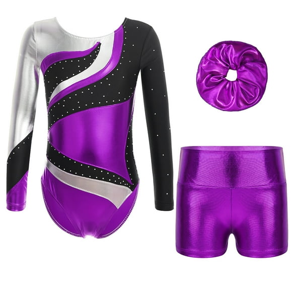 TiaoBug Leotards for Girls Gymnastics Shorts and Hairband Set Practice Jumpsuit Ballet Unitards Dance Bodysuit Purple 14