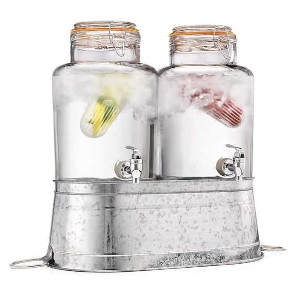 Classic Home Two (2) 1 Gallon Each Quality Ice Cold Clear Glass Jug Beverage Dispensers Hermetic Seal Galvanized Stand Display