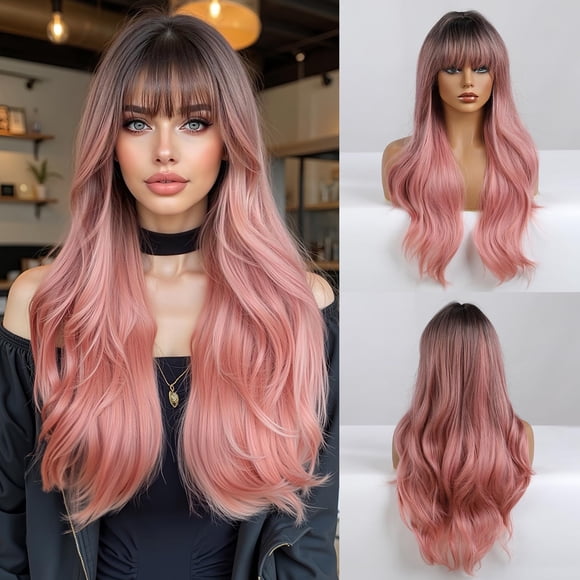 Esmee-pelucas sintéticas de 24 pulgadas para mujer, largo ondulado, negro, degradado, rosa, con flequillo de aire esponjoso, peluca ligera para fiesta de Cosplay