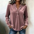 thumbnail image 2 of Women's Elegant Velvet Henley Blouse V Neck Long Sleeve Loose Tunic Shirts Dress Tops Fall Winter Business Casual Party Outfits Pink, 2 of 6
