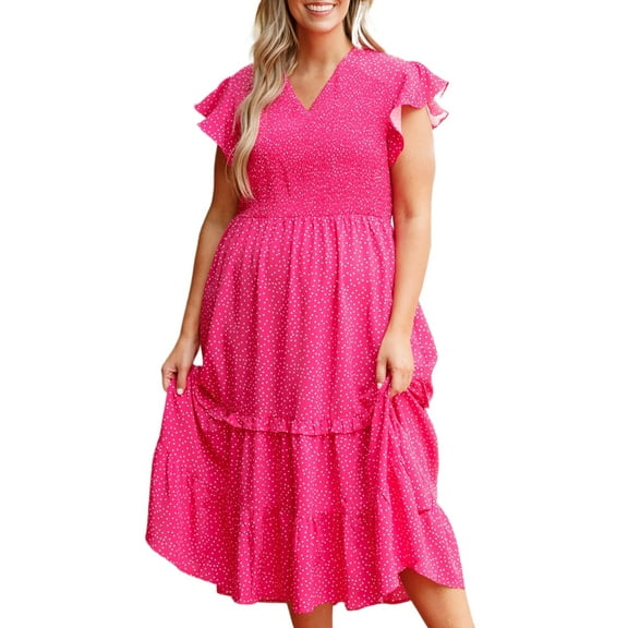 Plus Size Rose Polka Dot Print Ruffled Smocked High Waist Midi Dress | [ZhiHiMeRi] | (US 14W-16W)1X