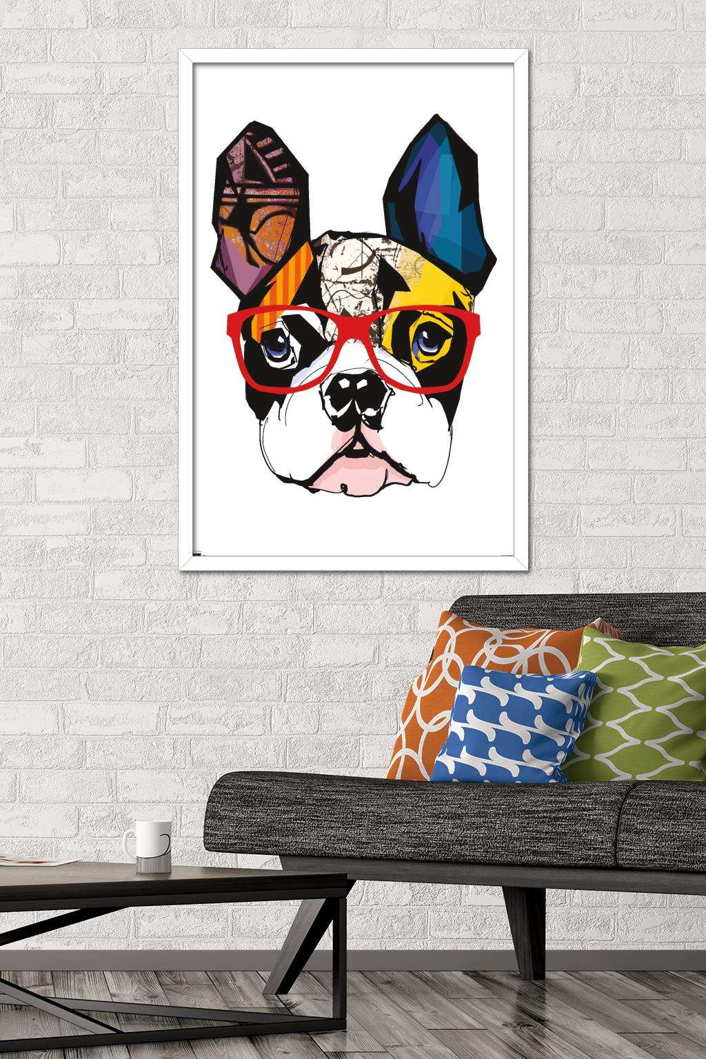 Art Deco - Boston Terrier with Glasses Wall Poster, 22.375" x 34", Framed