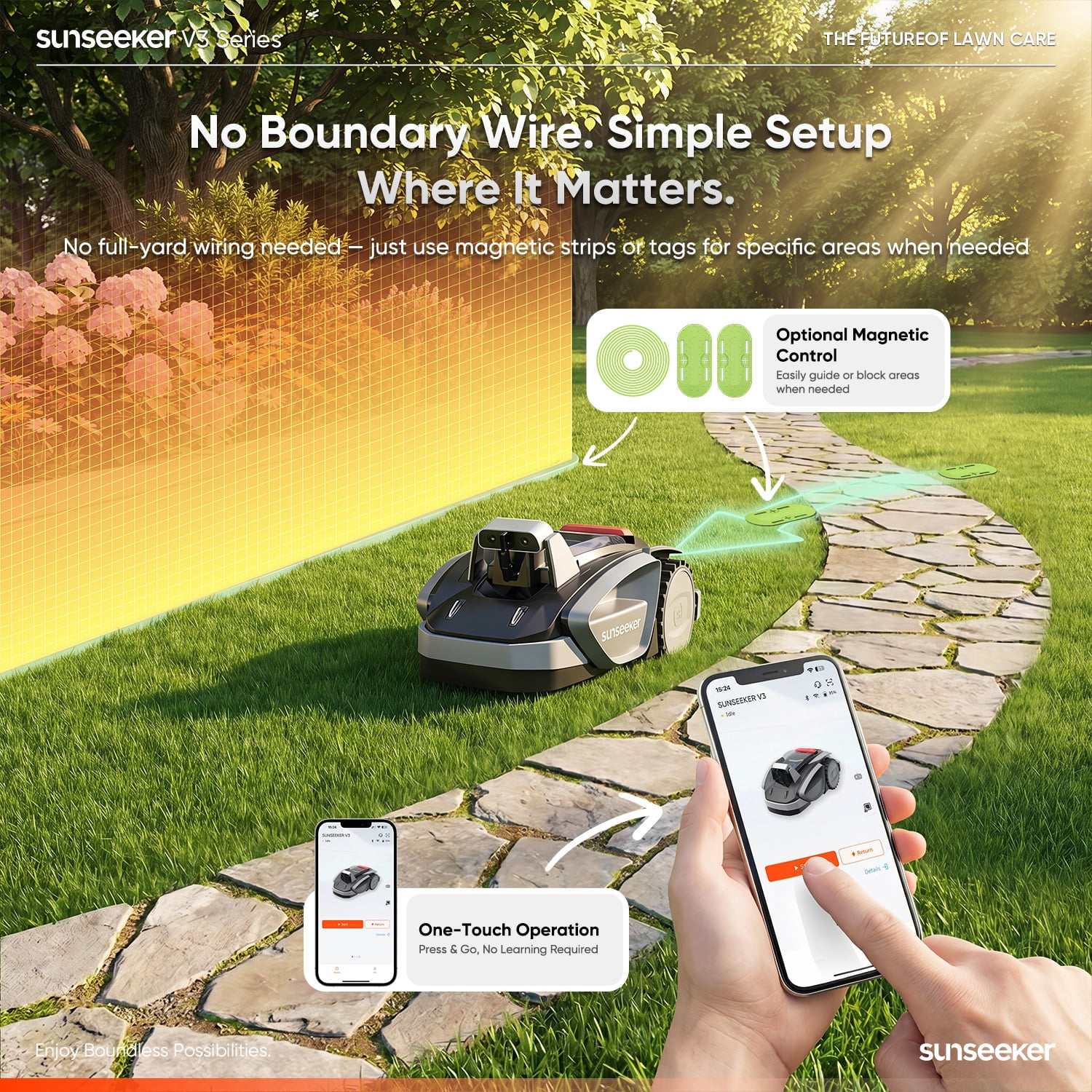 Sunseeker V3 Wireless Robot Lawn Mower 0.15 Acre/6,400 Sq Ft, AI Auto Mow, Smart Obstacle Avoidance, App Control