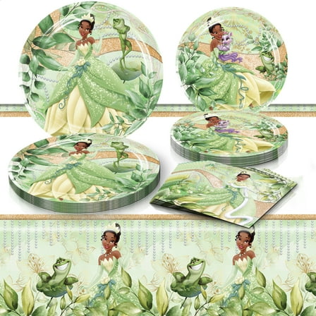 61 PCS Tiana Birthday Party Supplies, Tiana Tableware Set Includes 40 PCS Plates, 20 PCS Napkins, 1 PCS Tablecloth for Boys Girls Birthday Party Baby Shower Decorations