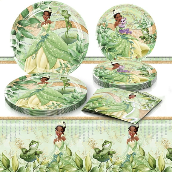 61 PCS Tiana Birthday Party Supplies, Tiana Tableware Set Includes 40 PCS Plates, 20 PCS Napkins, 1 PCS Tablecloth for Boys Girls Birthday Party Baby Shower Decorations