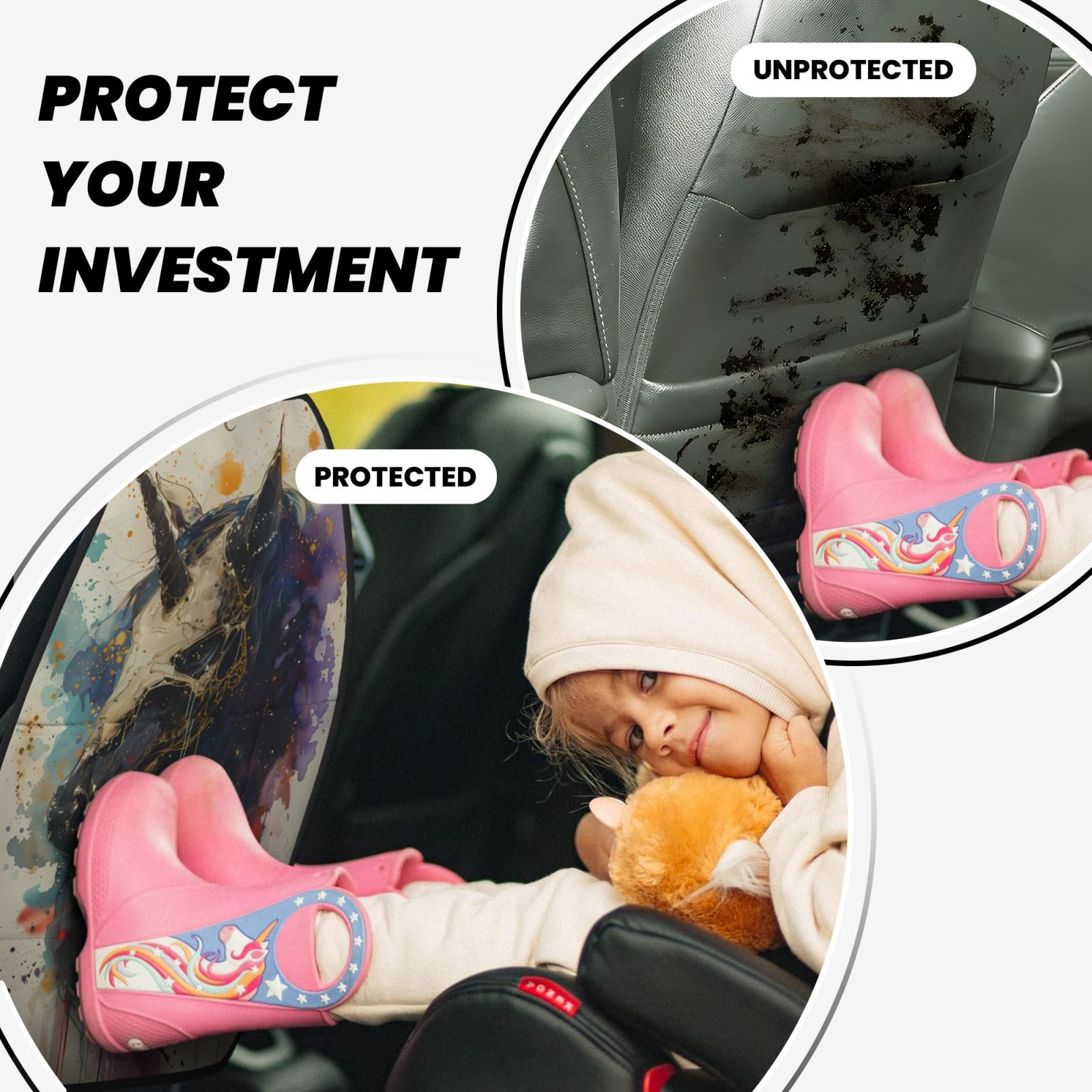 Xecao Colorful Ink Cute Horse Pattern Car Seat Back Protector 2 Pack Large Capacity Pocket, Kick Mats Back Seat Protector