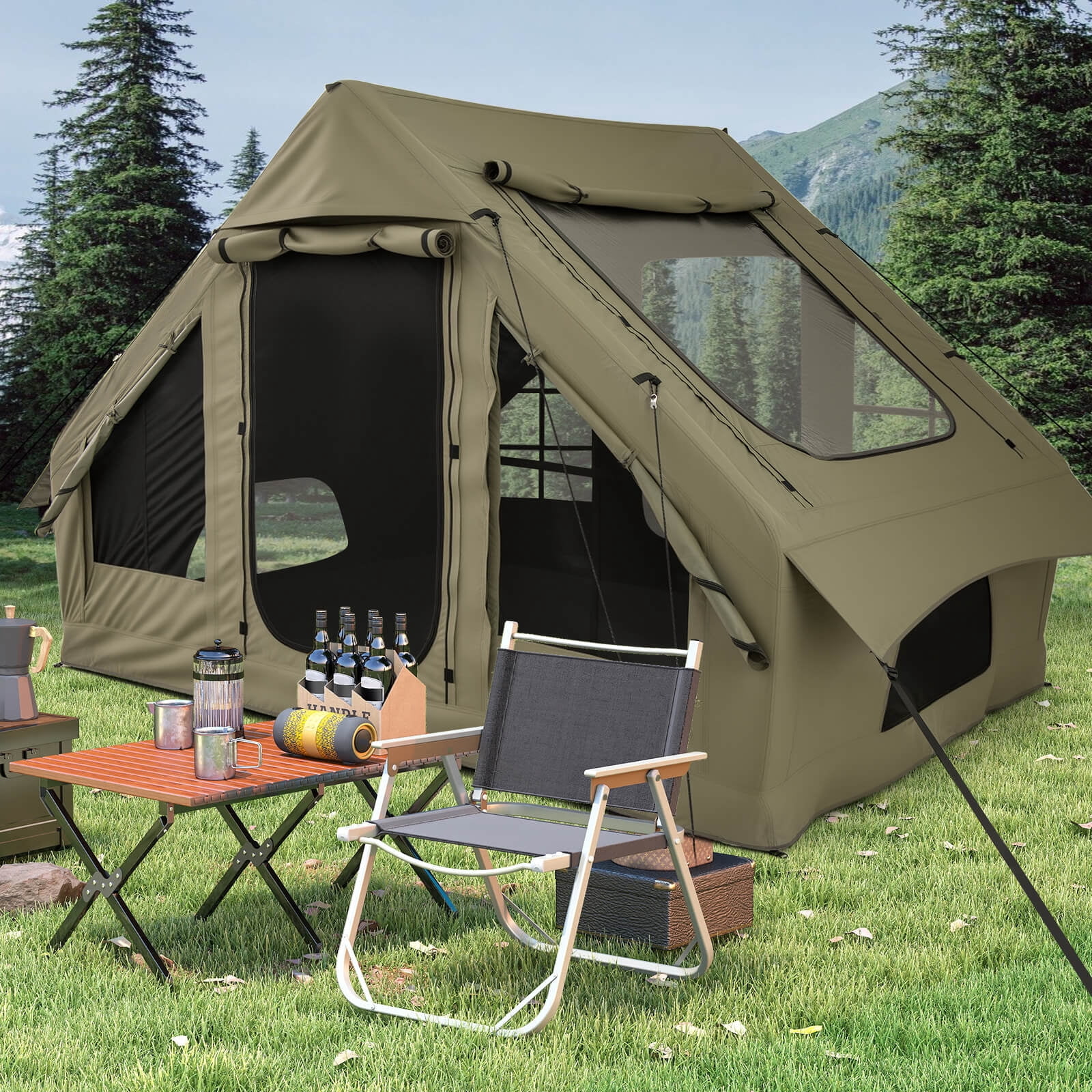 Costway 4-6 People Inflatable Tent with 4 Mesh Screen Windows 2 Doors Skylight Carrying Bag Green