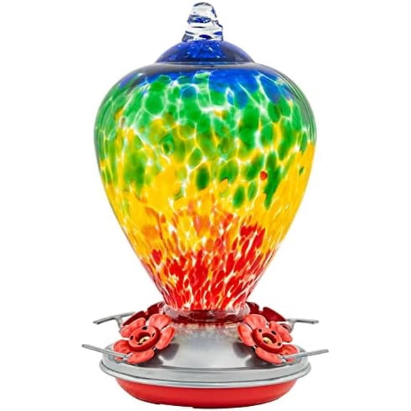 Hummingbird Feeders, 34OZ Hand Blown Glass Hummingbird Feeder for Outdoors Hanging with Ant MoatHooks, Perfect for Gardening Yard Patio Decor Gifts (Rainbow)