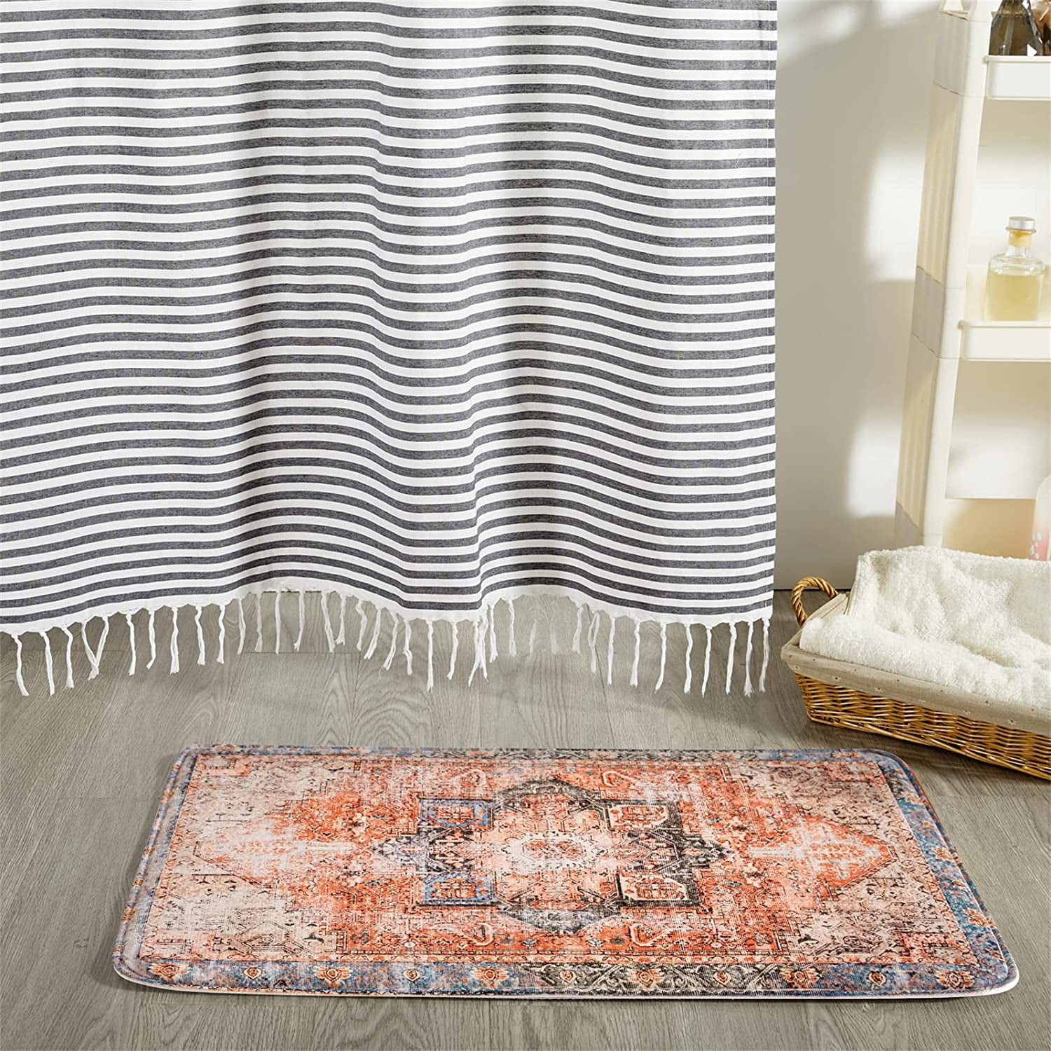 Terracotta Oriental Persian Bathroom Rugs with Thicken Non-Slip Rubber Backing 20’’W x 31’’L, Boho Tribal Vintage Traditional Soft Velvet Absorbent Foam Bath Mat Rug Washable, Quick Drying