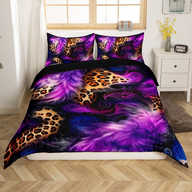 Erosebridal Housse de Couette à Imprimé Léopard Grand Lit, Literie Violette Format Grand Lit, Déco Guépard Faune, Réversible 3 Pcs (Sans Couette)