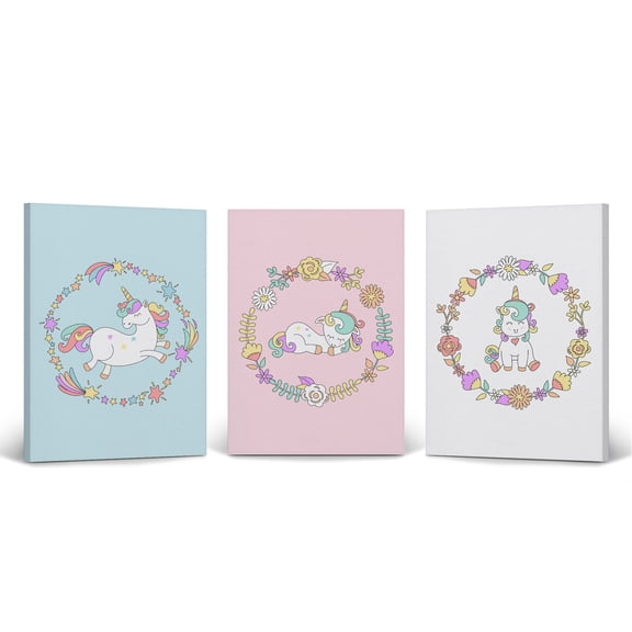 Smile Art Design Cute Unicorn Wall Decor Unicorn Gift Colorful Background 3 Piece Set Canvas Wall Art Print Kids Room Decor Baby Room Decor Nursery Decor Ready to Hang Made in the USA-(17x11)x3