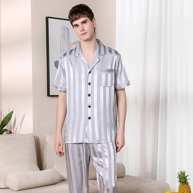 REDHOTYPE Solid Striped Men Pajama Sets Spring Summer Ultra-thin Ice Silk Men's Pajamas Set Soft Comfortable Pijamas Pyjama Homme