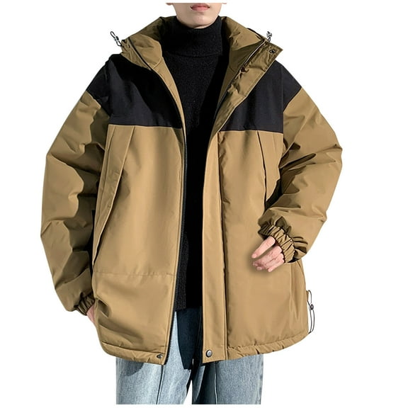 YLSDY Quilted Jacket Men Hooded Down Jacket Zip up Padded Coat Warm Puffer Jacket Thermal Winter Coats Color Block Jacket Khaki XL