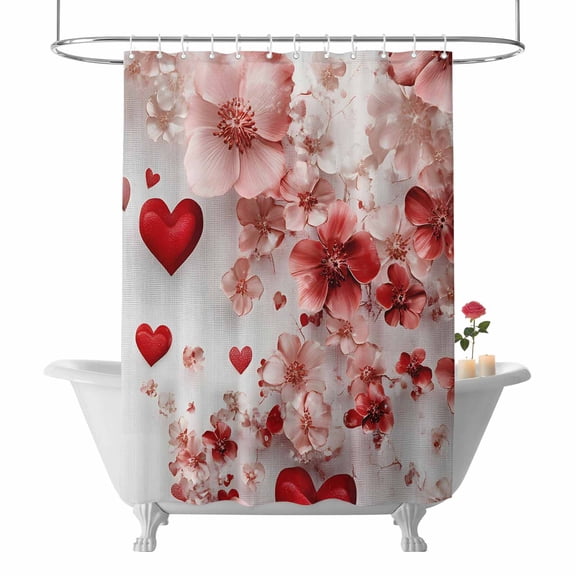 Valentine's Day Shower Curtain Red Love Heart Bathroom Curtains with Hooks, Waterproof Fabric Pink Flower Leaves Bath Shower Curtains Set for Bathroom Bathtubs Valentines Decor 72x72 Inch