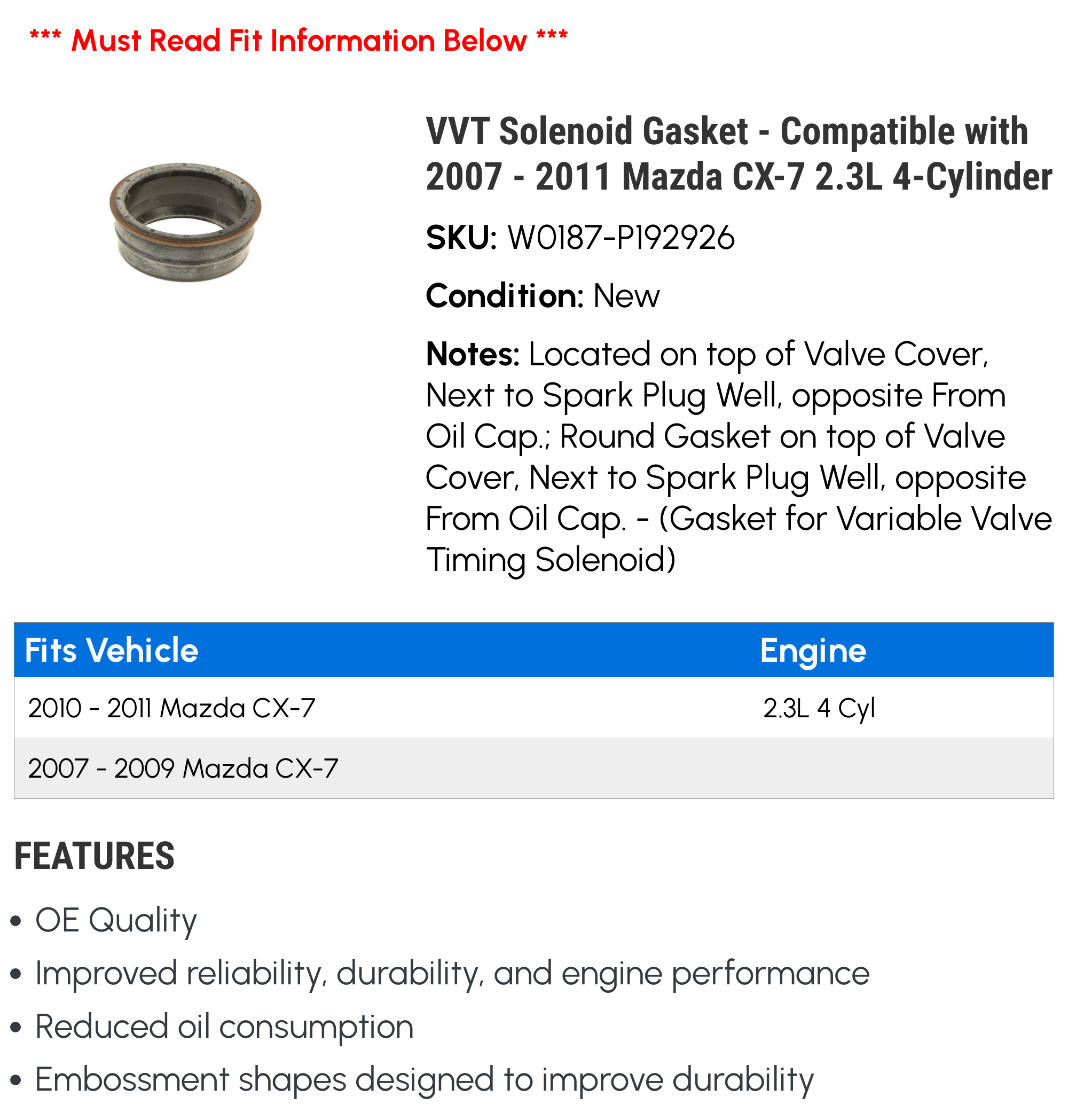 VVT Solenoid Gasket Compatible with 2007 2011 Mazda CX-7 2.3L  4-Cylinder 2008 2009 2010
