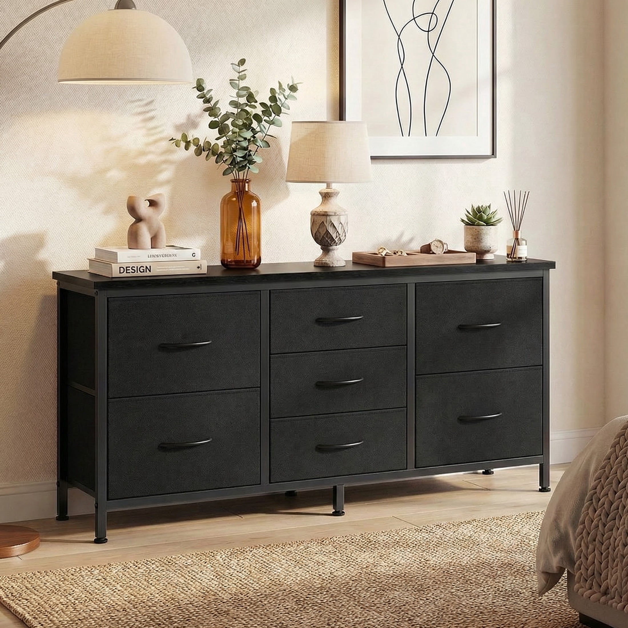 edx 7 Drawer Dresser for Bedroom, 47.2" Fabric Drawers with Wood Top Metal Frame, Wide Storage Organizer for Closet, Hallway & Living Room, Black