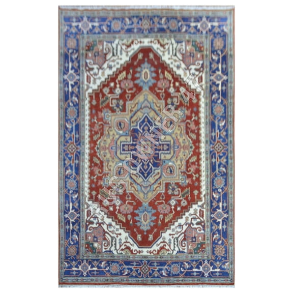 Traditional Serapi Hand-Knotted Area Rug 8X10 Handmade Wool Area Rug Rust, Blue, Gold, Ivory, Peach, Lt Grey