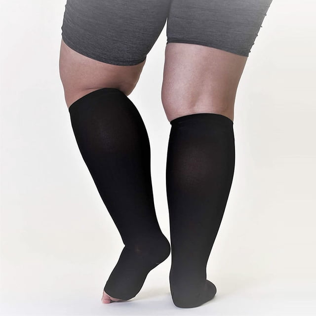 Calcetines de Compresión TUNC 4XL 20-30 mmHg Medias de Soporte Bariátrico Graduado Opaco Tobillo Extra Ancho Linfedema Talla Grande XXXX-L Puntera Cerrada 2 Piezas Beige Negro
